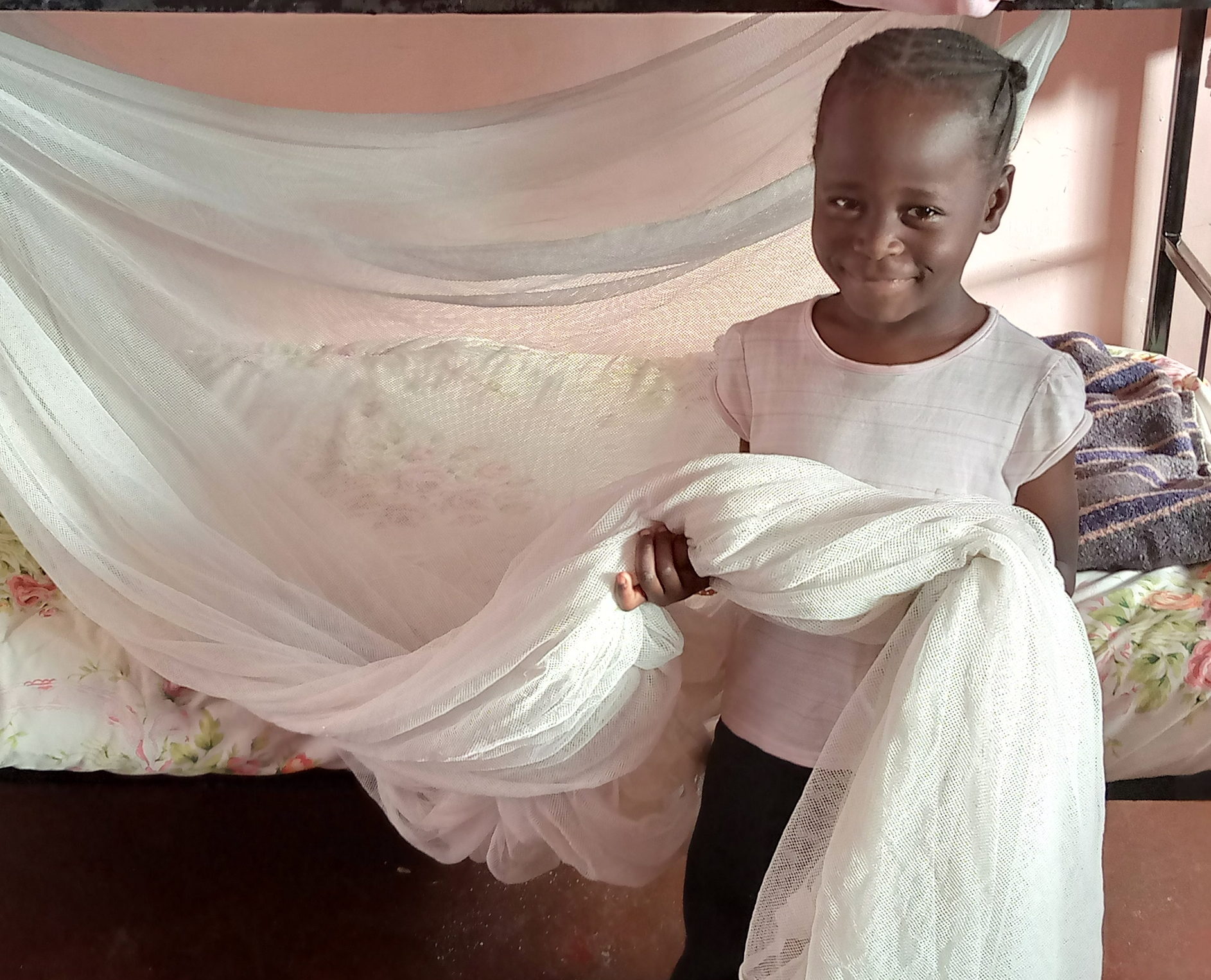 Young girl smiling and holding a mosquito net